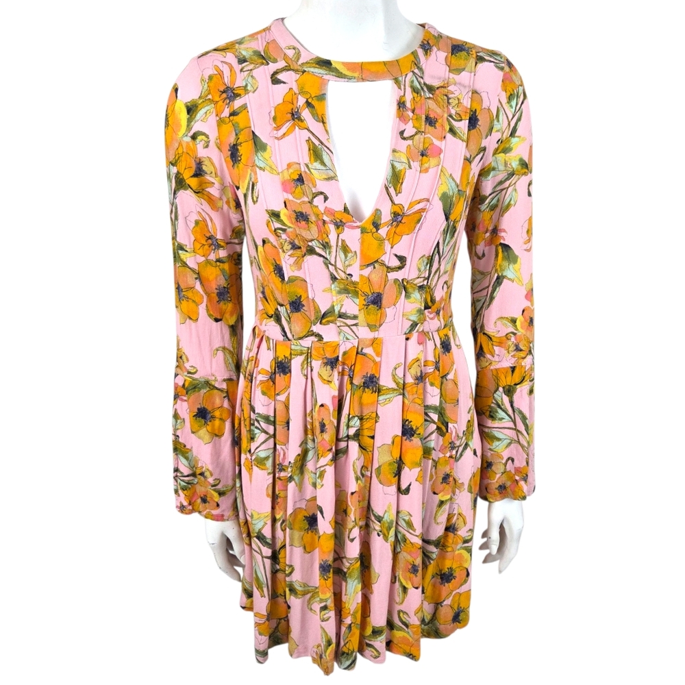 Free People Teagan Floral Mini Dress Womens 6 Pink Yellow Ling Sleeve Poppy